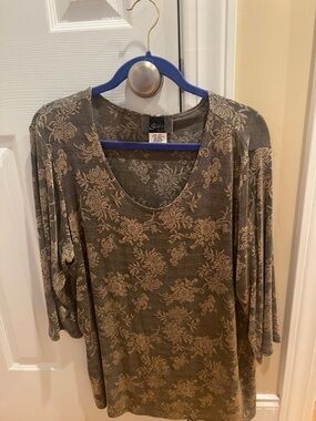 Slinky Brand Olive Green Floral Scoop Neck Tunic
